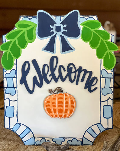 Hand-Painted Mini Welcome Sign – 18” Birch Wood, OBX Handmade, Interchangeable Seasonal Pieces, Chinoiserie Preppy Blue Decor