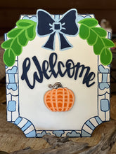 Hand-Painted Mini Welcome Sign – 18” Birch Wood, OBX Handmade, Interchangeable Seasonal Pieces, Chinoiserie Preppy Blue Decor