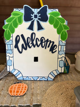 Hand-Painted Mini Welcome Sign – 18” Birch Wood, OBX Handmade, Interchangeable Seasonal Pieces, Chinoiserie Preppy Blue Decor
