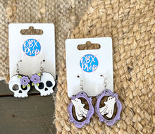 Hand Painted Skull Earrings with Purple Flowers | Birch Wood Halloween Earrings | Feminine Spooky Jewelry | OBX Handmade