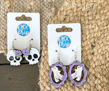 Hand Painted Skull Earrings with Purple Flowers | Birch Wood Halloween Earrings | Feminine Spooky Jewelry | OBX Handmade