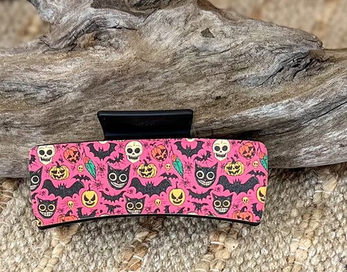 Large Halloween Hair Claw Clip – 4.1 Inch Pink Skull Pumpkin Bat Pattern – Spooky Seasonal Hair Accessory Handmade in OBX