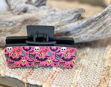 Large Halloween Hair Claw Clip – 4.1 Inch Pink Skull Pumpkin Bat Pattern – Spooky Seasonal Hair Accessory Handmade in OBX