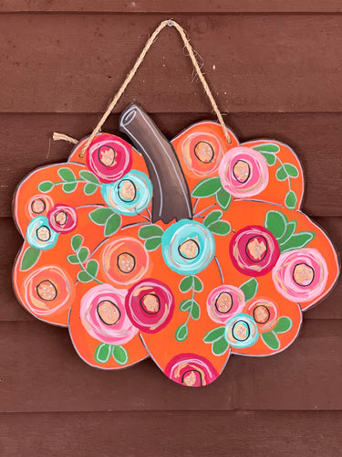 Pumpkin with Flowers and Gold Metallic Hand Painted Door Sign Hanger for Autumn and Fall.