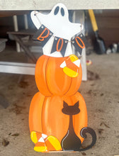 Hand Painted Halloween Porch Leaner – Birch Wood Ghost, Pumpkins, Cat & Candy Corn