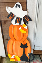 Hand Painted Halloween Porch Leaner – Birch Wood Ghost, Pumpkins, Cat & Candy Corn