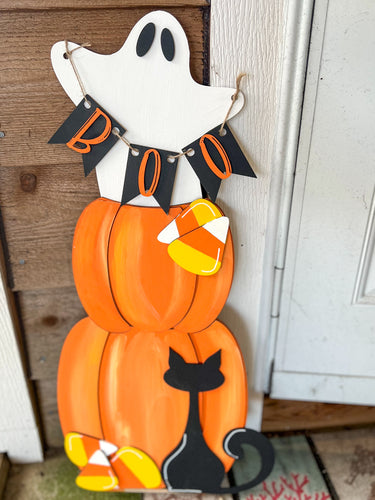Hand Painted Halloween Porch Leaner – Birch Wood Ghost, Pumpkins, Cat & Candy Corn
