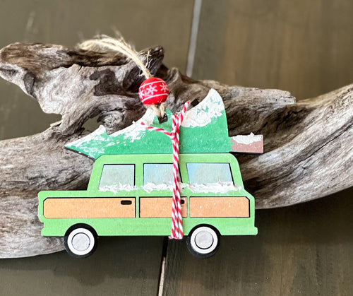 Christmas Family Truck with Tree Hand Painted Wood Ornament