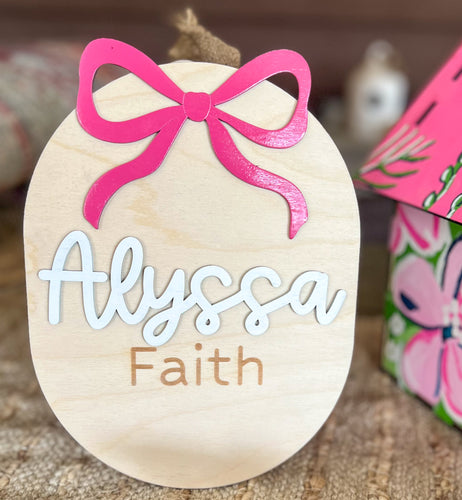 ersonalized Girls Name Sign with Acrylic Bow – Custom Wood Bedroom Door Sign – Layered Acrylic First Name & Engraved Middle Name – Nursery Decor