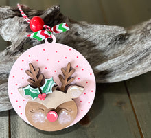 Personalized Hand Painted Adorable Reindeer Face Christmas Ornament.