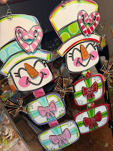 Hand Painted Snowman Door Hanger | Kitsch Christmas Sign in Pink & Blue or Red & Green | Winter Front Door Decor, 15