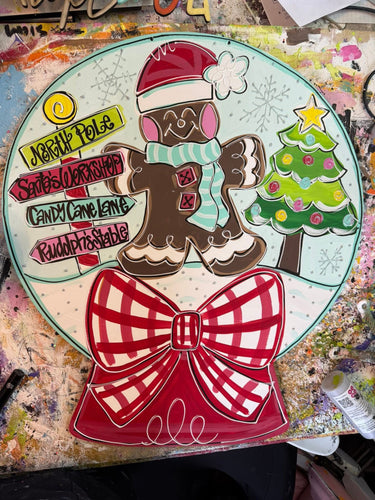 Hand-Painted Gingerbread Snow Globe Door Hanger | Christmas Holiday Sign | Candy Cane, Tree & Santa’s Workshop | 18