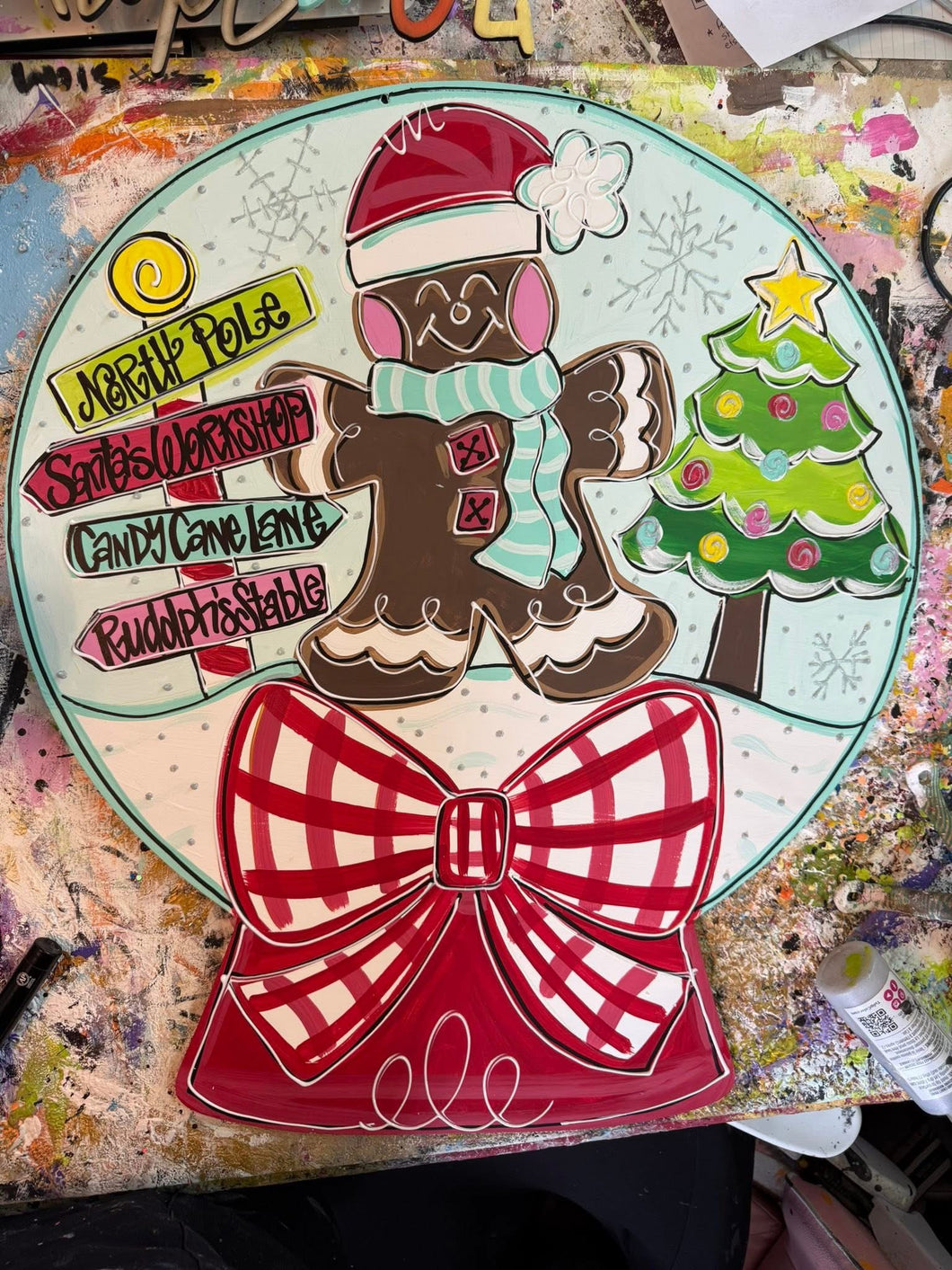 Hand-Painted Gingerbread Snow Globe Door Hanger | Christmas Holiday Sign | Candy Cane, Tree & Santa’s Workshop | 18