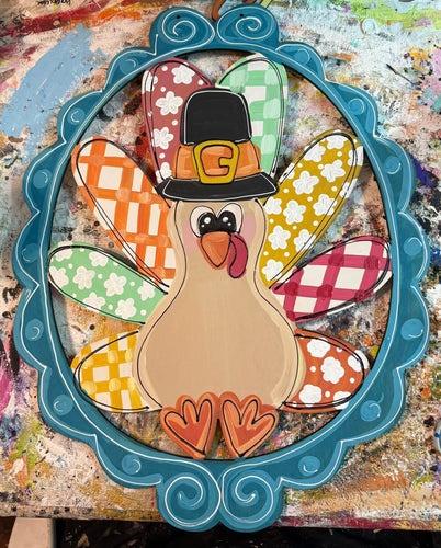 Hand Painted Turkey Door Hanger | Colorful Thanksgiving Sign in Ornate Frame | Fall Front Door Décor 20