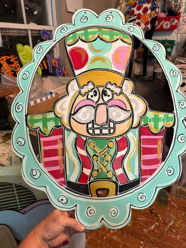 Hand-Painted Nutcracker Door Hanger | Whimsical Christmas Sign | Preppy Holiday Décor in Pink, Green & Red | 18