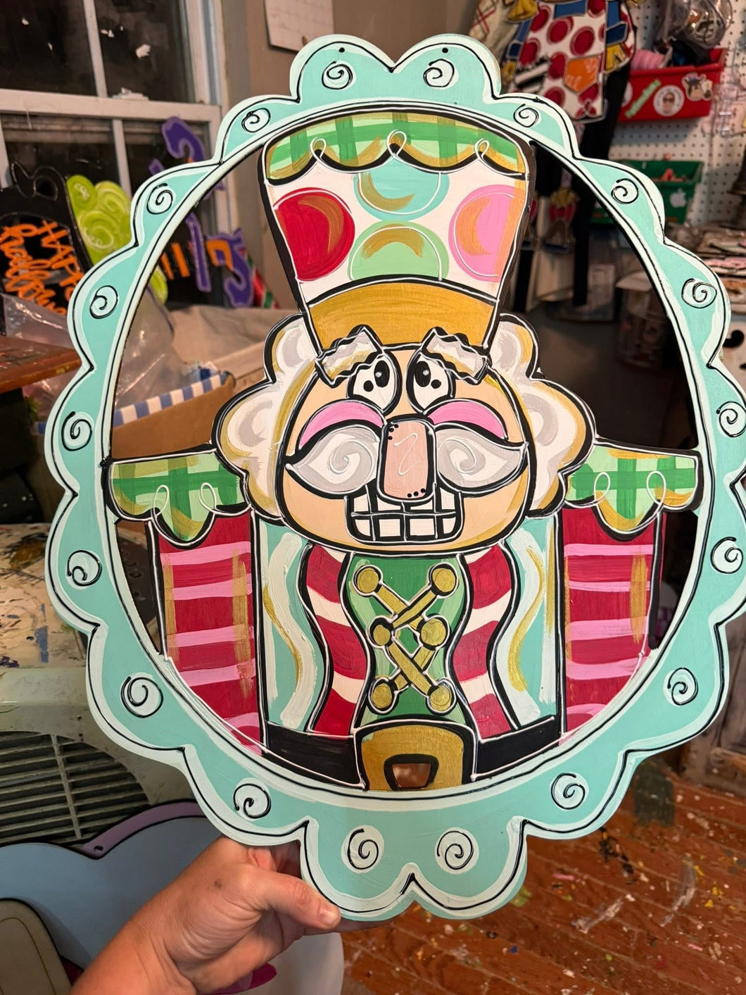 Hand-Painted Nutcracker Door Hanger | Whimsical Christmas Sign | Preppy Holiday Décor in Pink, Green & Red | 18