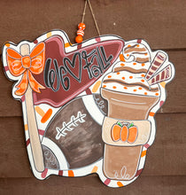 Hand-Painted Football & Pumpkin Latte Door Hanger | Custom Team Colors | Fall Game Day Sign | 20" Baltic Birch
