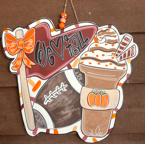 Hand-Painted Football & Pumpkin Latte Door Hanger | Custom Team Colors | Fall Game Day Sign | 20
