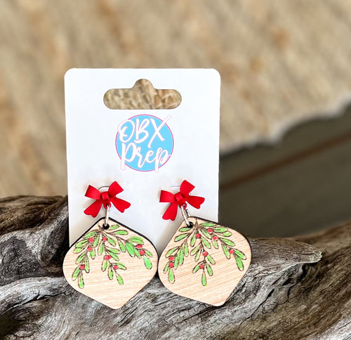 Bauble Holly Berry Laser Engraved and Hand Painted Dangle Christmas Earrings.