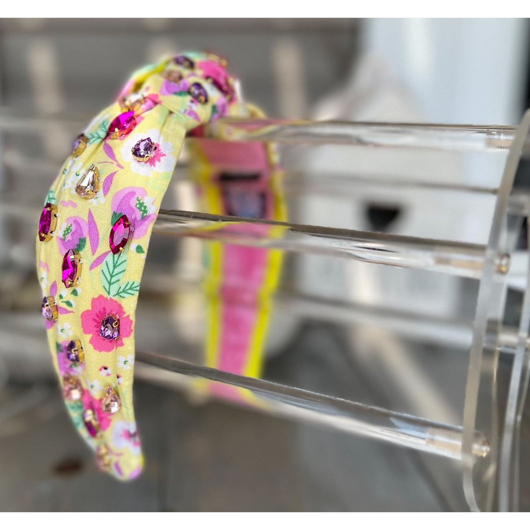 Manteo Jewel Yellow and Pink Pansies Top Knot Rhinestone Handmade Headband - OBX Prep
