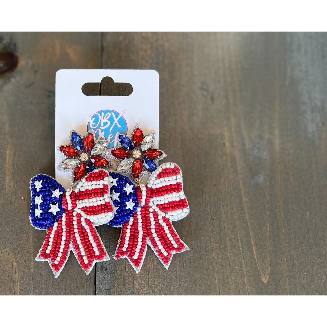 Patriotic Red White and Blue Handmade Bow Earrings - OBX Prep