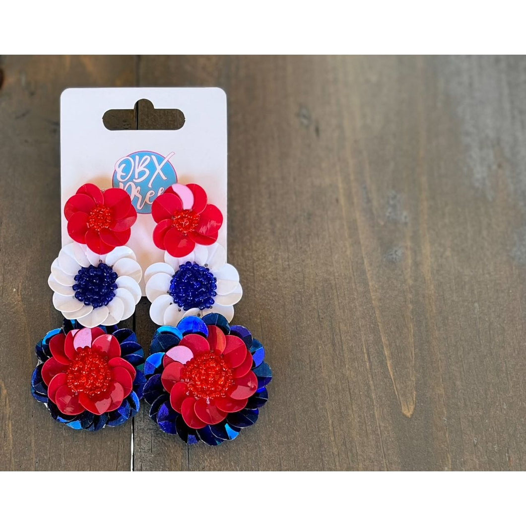 Patriotic Red White and Blue Triple Flowers Handmade Earrings - OBX Prep