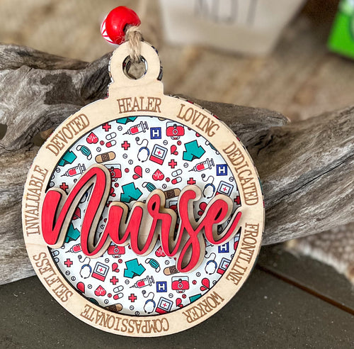 Handcrafted Nurse Ornament – Layered Wood Christmas Ornament with Engraved Words