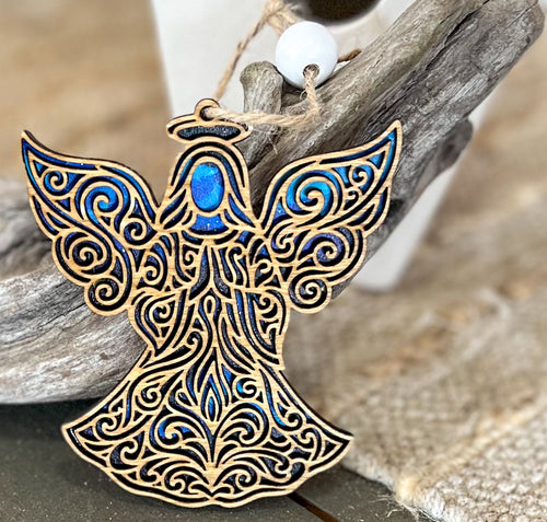 Angel Line Art Ornament | Handmade in OBX | Wooden Christmas Ornament with Starry Sky