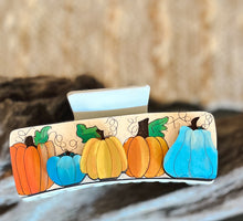 Autumn Blue and Orange Pumpkins Hand Painted Wood Hair Claw Clip.