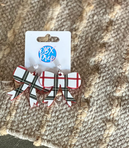 Holiday Plaid Bow Earrings – Handcrafted in the Outer Banks