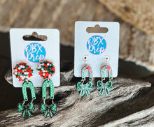 Christmas Red and Green Bow Coquette Dangle Earrings.