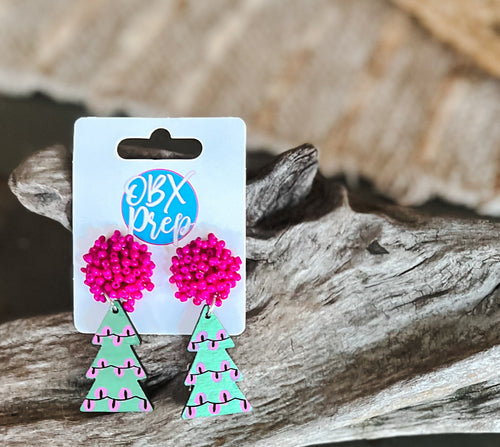 Christmas Tree with Pink Lights Beaded Top Dangle Earrings.