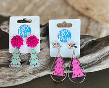 Christmas Tree with Pink Lights Beaded Top Dangle Earrings.