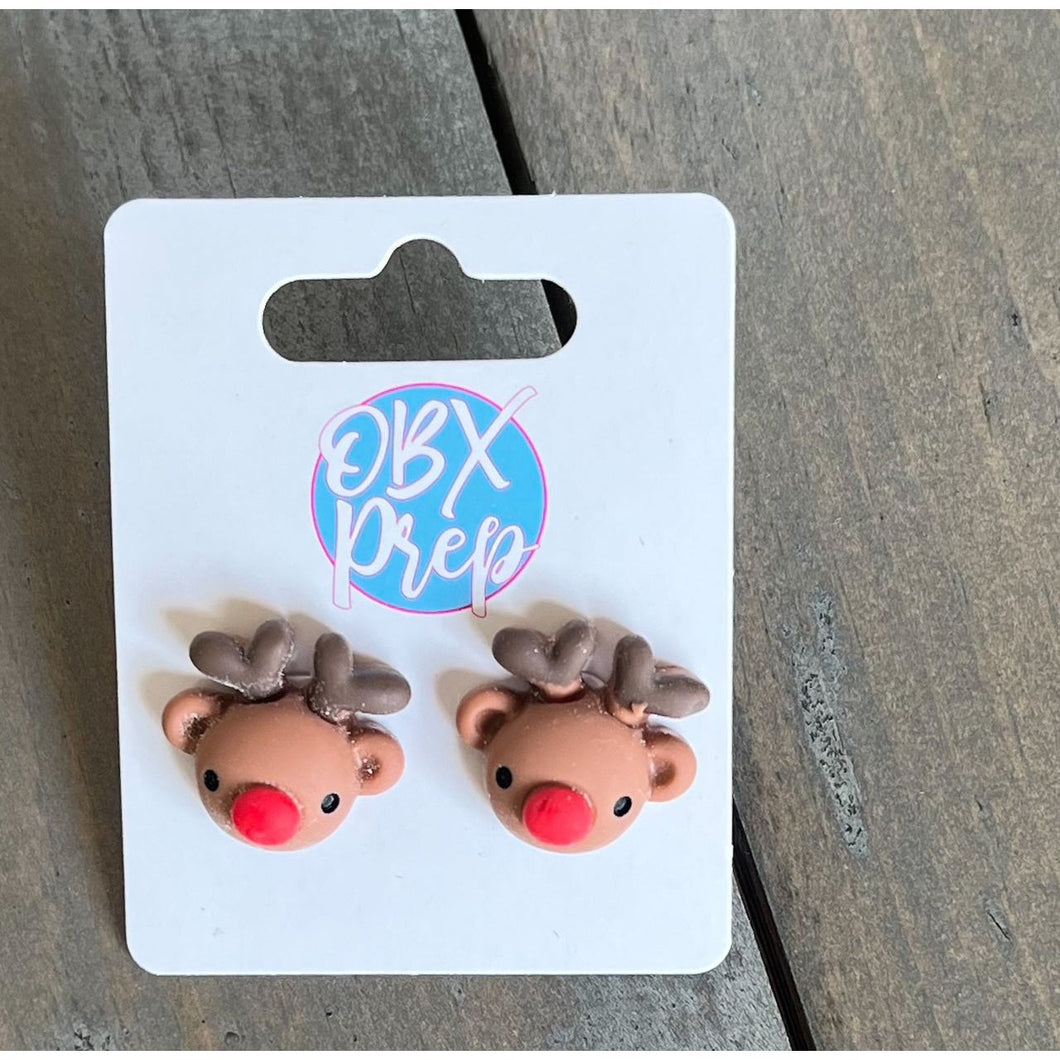 Christmas Rudolph the Reindeer Polymer Clay Stud Earrings - OBX Prep