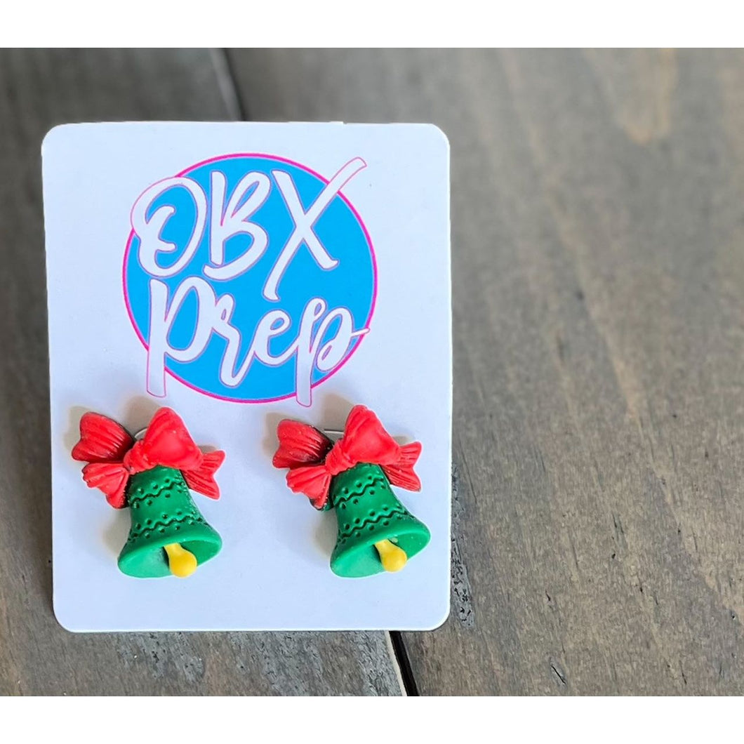 Christmas Green Bell Polymer Clay Stud Earrings - OBX Prep