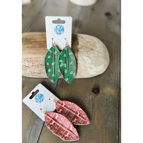 Christmas Print Leaf Faux Leather Dangle Earrings - OBX Prep