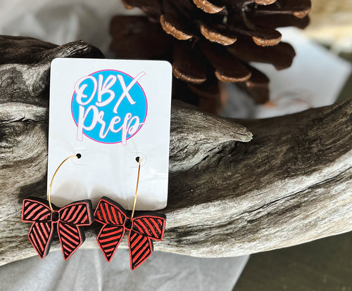 Red Striped Christmas Bow Hoop Earrings.