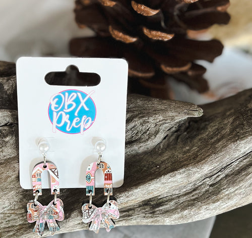 Pink Gingerbread House Coquette Bow Dangle Earrings.