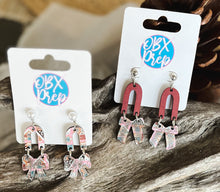 Pink Gingerbread House and Mauve Christmas Bow Coquette Dangle Earrings.