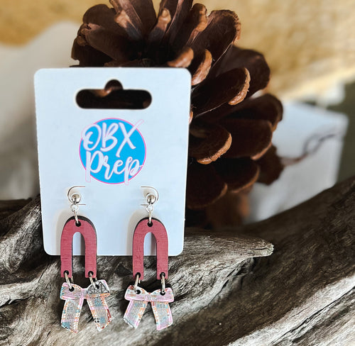 Pink Gingerbread House and Mauve Christmas Bow Coquette Dangle Earrings.