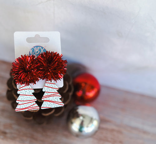 Christmas Tree Cake Tinsel Topper Dangle Earrings.