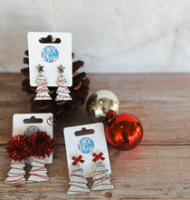 Christmas Tree Cake Red Bow Stud Topper Dangle Earrings.