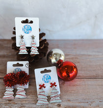 Christmas Tree Cake Red Bow Stud Topper Dangle Earrings.