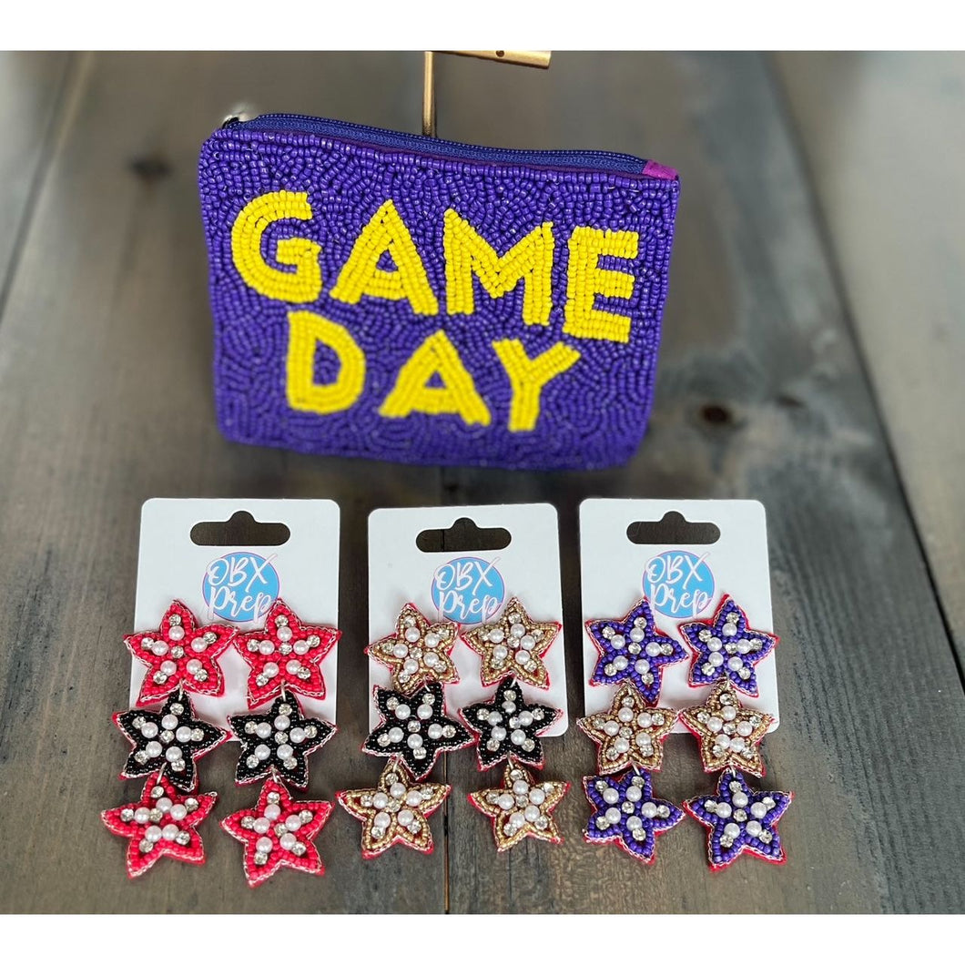Team Spirit Game Day Triple Stars Seed Beaded Dangle Earrings - OBX Prep