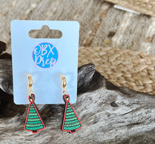 Christmas Tree Hand Painted Cute Huggie Hoop Dangle Earrings.