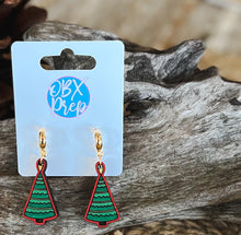 Christmas Tree Hand Painted Cute Huggie Hoop Dangle Earrings.