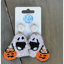 Ghost with Pumpkin Sequin Beaded Dangle Earrings - OBX Prep