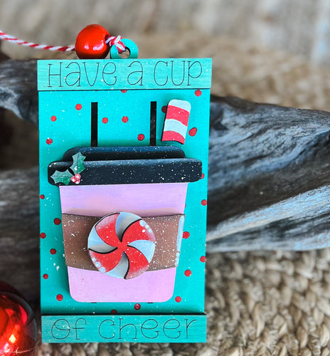 Have a Cup of Cheer Peppermint Hand Painted Pallet Gift Card Christmas Ornament.