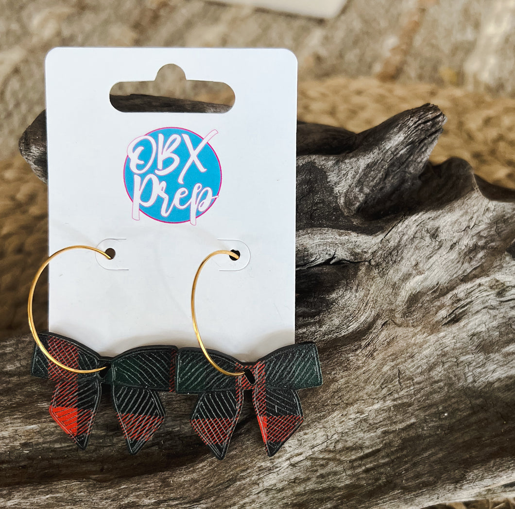 Handmade Plaid Bow Hoop Earrings.