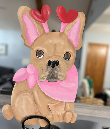 Adorable Frenchie Valentine’s Door Hanger, French Bulldog Hand Painted Wood Sign.